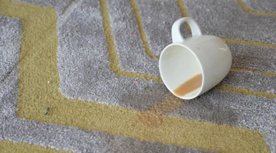 a coffee cup spilt on a grey carpet